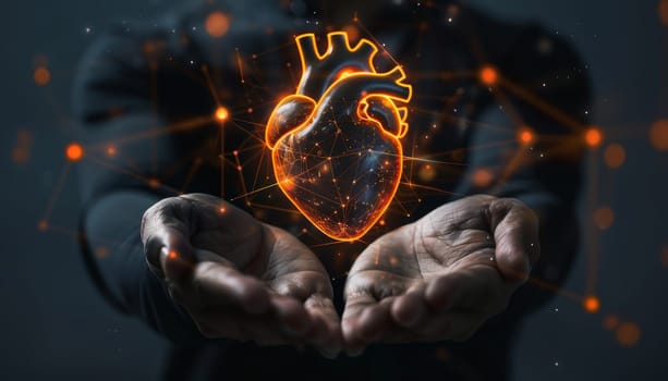 A person is holding a heart in their hands, surrounded by a network of lines by AI generated image.