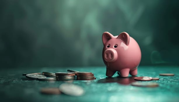 A pink piggy bank sits on a table with a pile of coins by AI generated image.