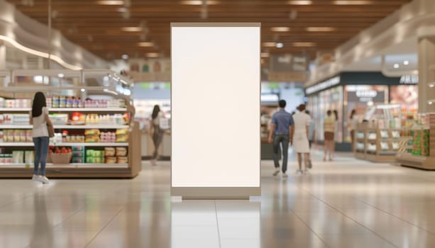 A white sign is in a store with people by AI generated image.