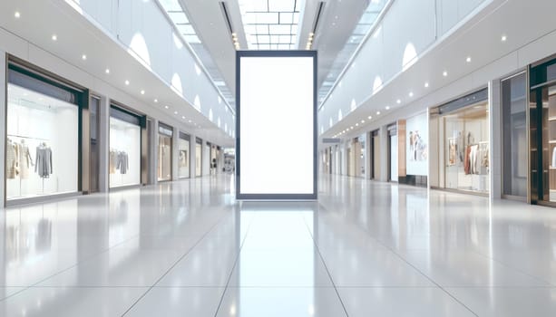 A large empty mall with a white sign in the middle by AI generated image.