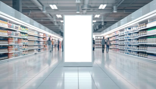 A large white sign hangs in the middle of a large, empty store by AI generated image.