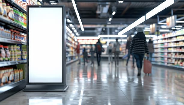 A white sign is in a store with people by AI generated image.