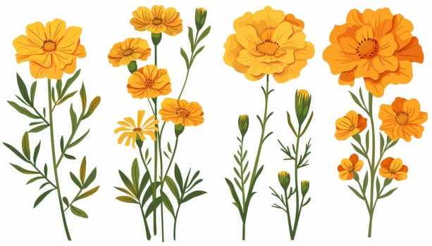 Four different types of yellow flowers are shown in a row. The flowers are all different sizes and shapes, but they all have a similar color and look. The image has a bright and cheerful mood