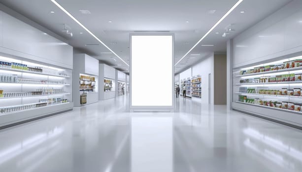 A large white sign hangs in the middle of a large, empty store by AI generated image.