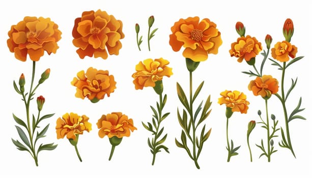 A set of orange flowers with green leaves. The flowers are arranged in a row, with some overlapping and others standing alone. Scene is bright and cheerful, with the vibrant colors of the flowers