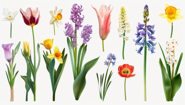 A collection of flowers in various colors and sizes. The flowers are arranged in a row, with some of them being taller than others. Scene is bright and cheerful, as the flowers are in full bloom