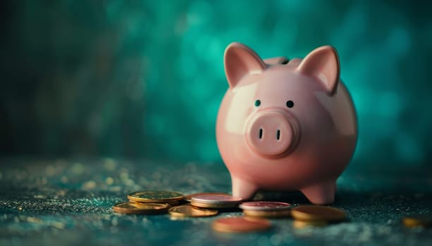 A pink piggy bank sits on a table with a pile of coins by AI generated image.