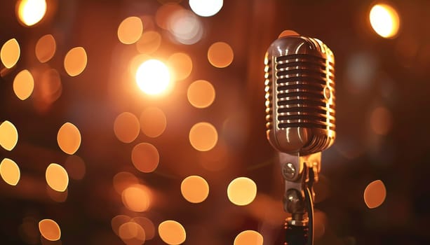 A microphone is on a microphone stand in front of a light by AI generated image.