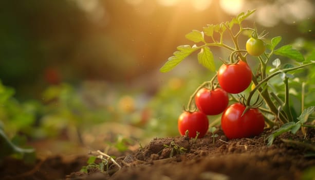 A close up of a tomato plant with three ripe tomatoes on it by AI generated image.