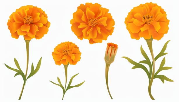 Four orange flowers with green stems. The flowers are in different stages of bloom. The first flower is fully bloomed, the second is partially bloomed, the third is almost fully bloomed