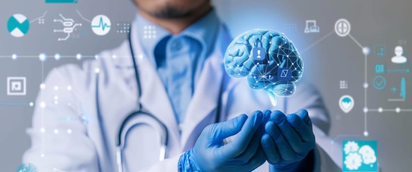 A doctor holding a brain in his hands by AI generated image.