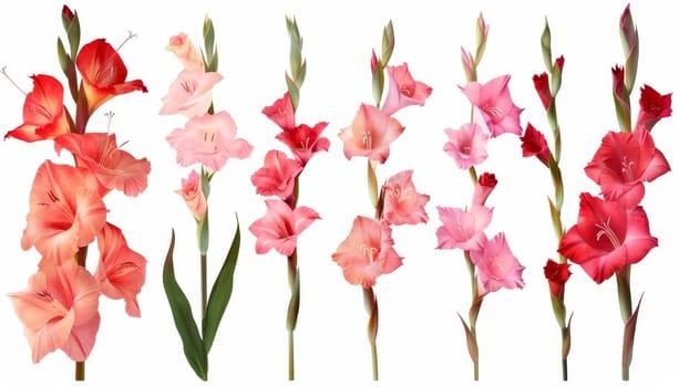 A row of pink flowers with green stems. The flowers are of different sizes and are arranged in a straight line