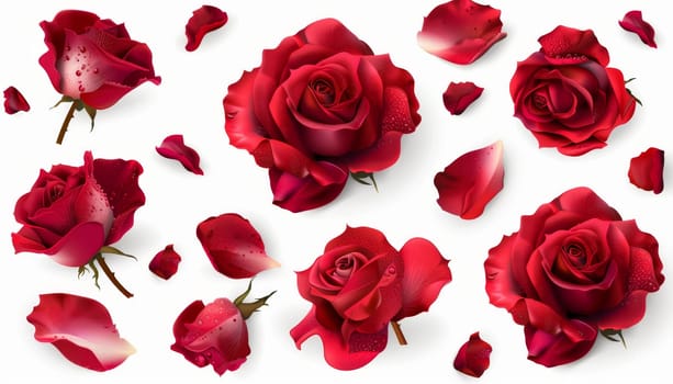 A collection of red roses with some petals scattered around. The roses are of various sizes and are arranged in a way that creates a sense of movement and life. The image conveys a feeling of love