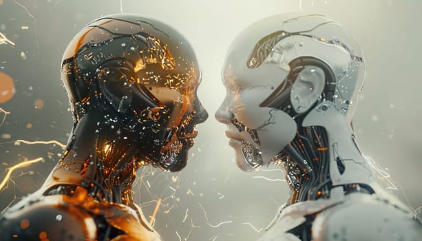 Two robots with glowing eyes and glowing heads are facing each other by AI generated image.