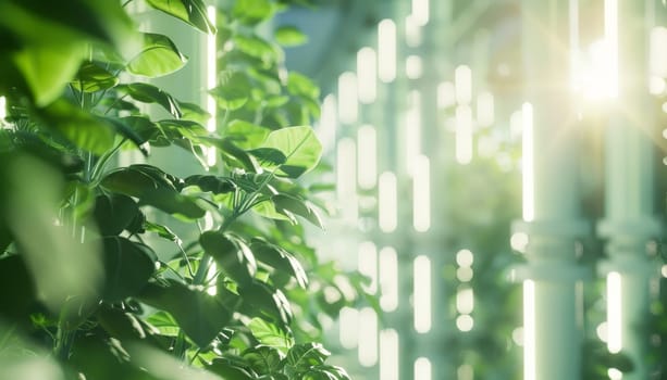 A green plant is growing in a greenhouse with a bright sun shining through the glass. The sunlight is casting a warm glow on the plant, making it look healthy and vibrant