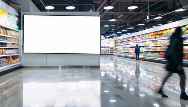 A large white sign hangs in a store by AI generated image.
