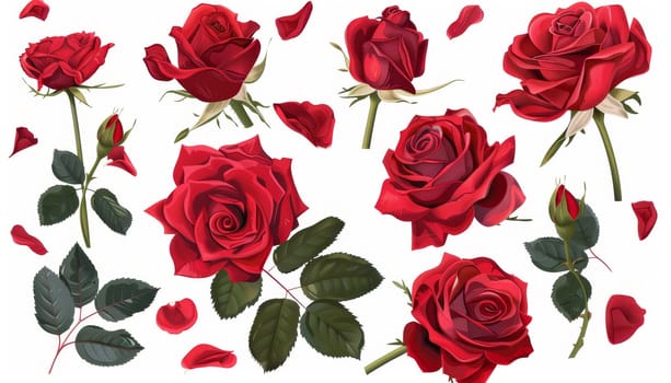 A collection of red roses with stems and petals scattered around. The roses are of various sizes and are arranged in a way that creates a sense of movement and life