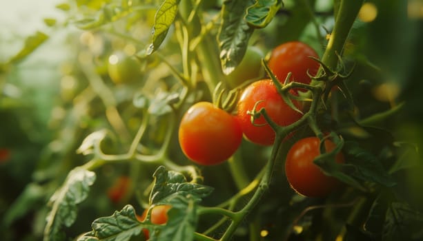 A close up of a tomato plant with three ripe tomatoes on it by AI generated image.