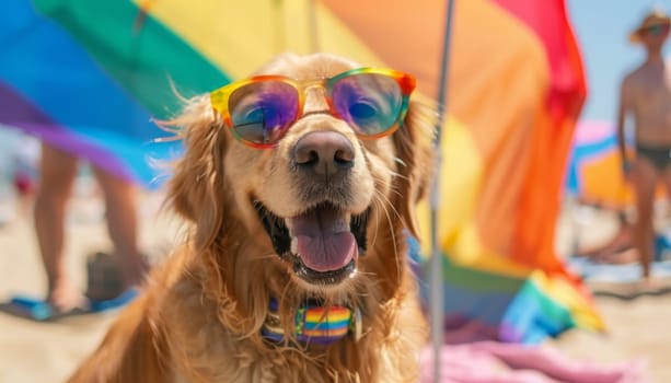 A dog wearing sunglasses and a rainbow collar is sitting on the beach by AI generated image.