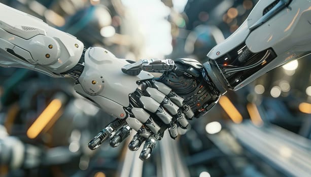 Two robot hands shaking hands by AI generated image.