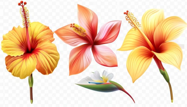 Three different types of flowers are shown in the image, with one being a yellow hibiscus and the other two being orange and white