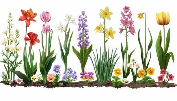 A row of flowers with a variety of colors including red, yellow, and white. The flowers are arranged in a line and are all different sizes