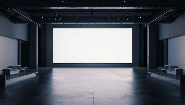 A large empty room with a white wall and a black floor by AI generated image.