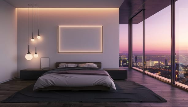 A bedroom with a large white wall and a bed with a grey comforter by AI generated image.