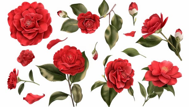 A collection of red flowers with green leaves. The flowers are arranged in various sizes and positions, creating a sense of depth and movement. Scene is one of beauty and elegance