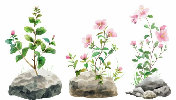 Three different types of flowers are painted on rocks. The flowers are pink and are arranged in a way that they look like they are growing out of the rocks