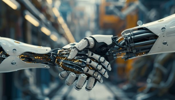 Two robot hands shaking hands by AI generated image.