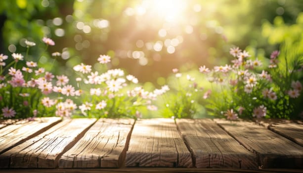 A wooden table with a view of a house and a garden by AI generated image.