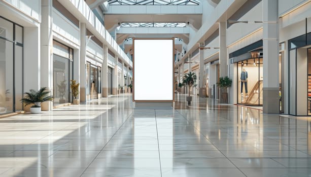 A large empty mall with a white sign in the middle by AI generated image.