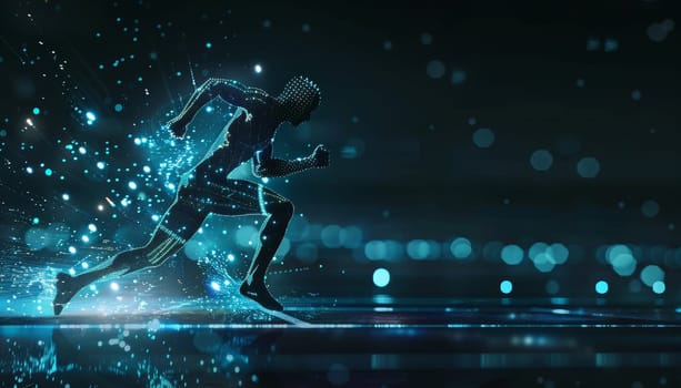 A man is running on a track with a blue background by AI generated image.