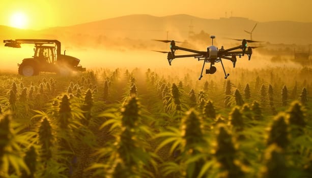 A drone is flying over a field of marijuana plants. The drone is equipped with a camera and is likely being used for surveillance or monitoring purposes. The field is surrounded by a fence