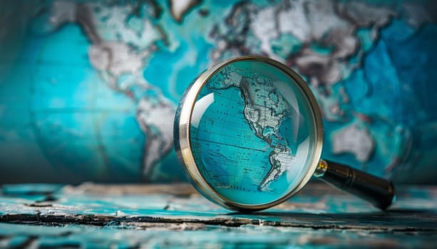 A magnifying glass is on a map of the world by AI generated image.