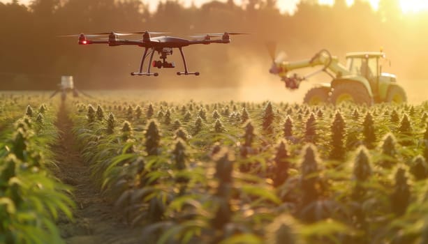 A drone is flying over a field of marijuana plants. The drone is hovering over the plants, and the sun is shining brightly on the field. The scene is peaceful and serene