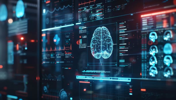 A computer monitor displays a brain with a red and blue background