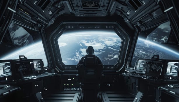 A man is sitting in a spaceship cockpit looking out at the Earth by AI generated image.