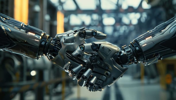 Two robot hands shaking hands by AI generated image.