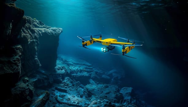 A yellow drone is flying over a rocky ocean floor. The drone is equipped with a camera and is likely being used for underwater exploration or photography. Concept of adventure and curiosity