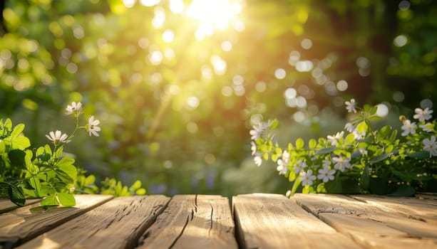 A wooden table with a view of a house and a garden by AI generated image.