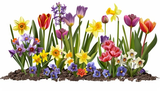 A colorful garden of flowers with a variety of colors including yellow, orange, and purple. The flowers are arranged in a row and are surrounded by dirt