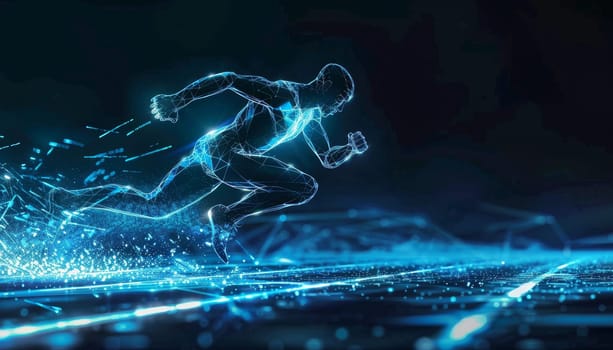 A man is running on a track with a blue background by AI generated image.