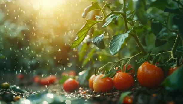 A close up of a tomato plant with three ripe tomatoes on it by AI generated image.