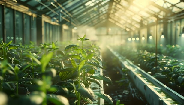 A greenhouse filled with plants and a bright sun shining through the glass. The plants are green and healthy, and the sunlight is creating a warm and inviting atmosphere