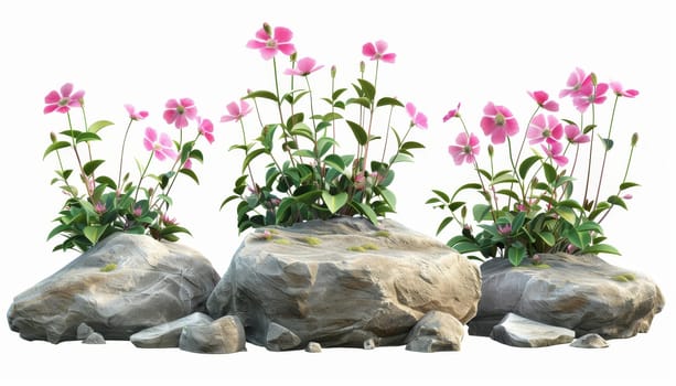 Three pink flowers are growing on a rock. The flowers are small and delicate, and they are surrounded by large, rough rocks. The scene has a peaceful and serene mood