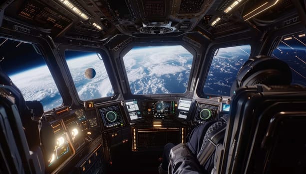 A man is sitting in a spaceship cockpit looking out at the Earth by AI generated image.