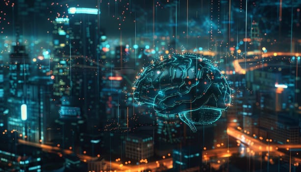 A brain is projected onto a cityscape by AI generated image.