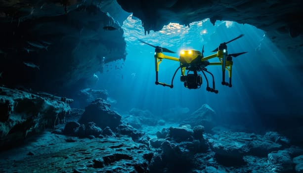 A yellow drone is flying over a rocky ocean floor. The drone is equipped with a camera and is capturing footage of the underwater environment. The scene is dark and mysterious